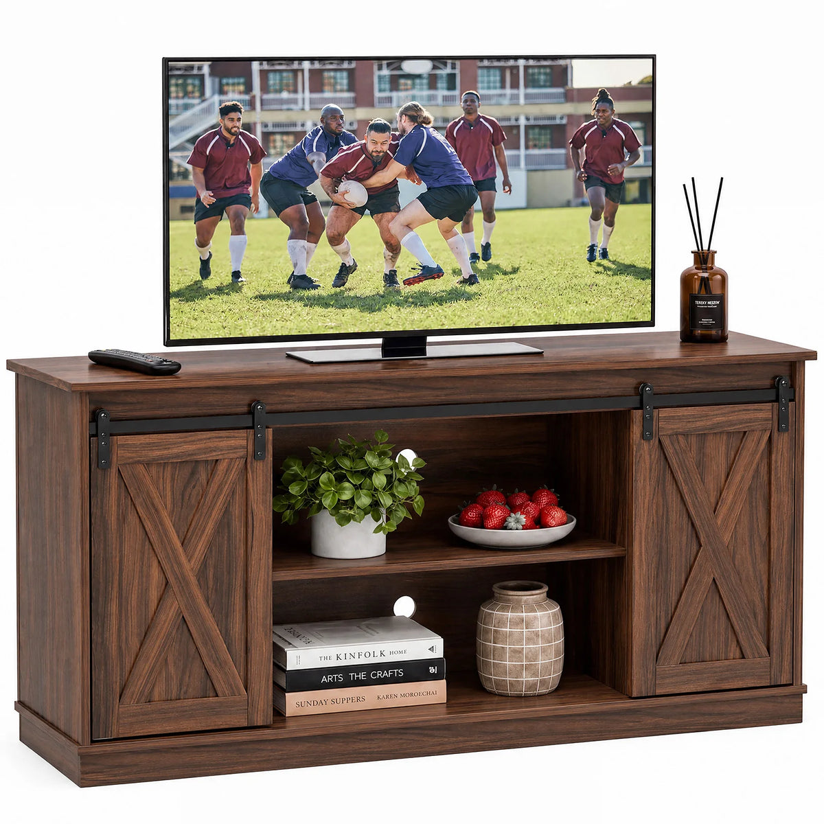 Wood TV Stand with Sliding Cabinet Doors