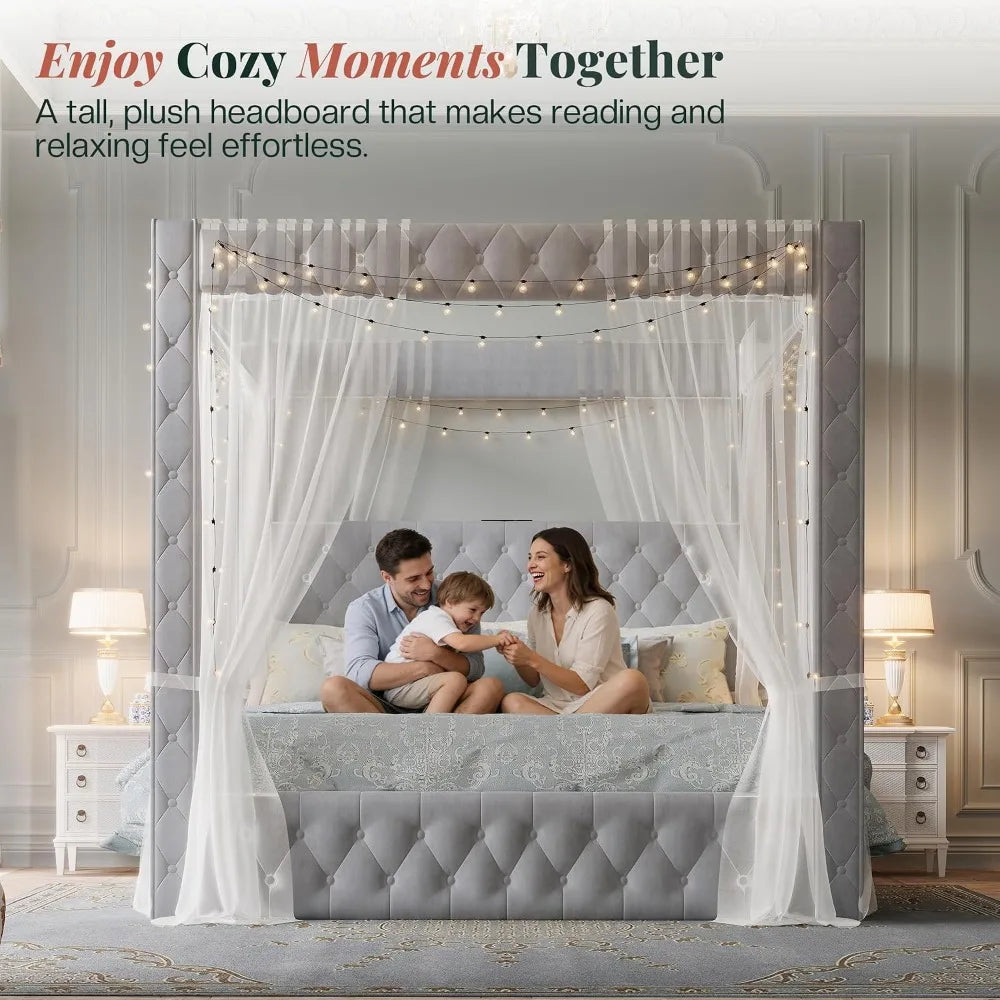 Upholstered Velvet Tufted King size Canopy Bed Frame with Charging Station