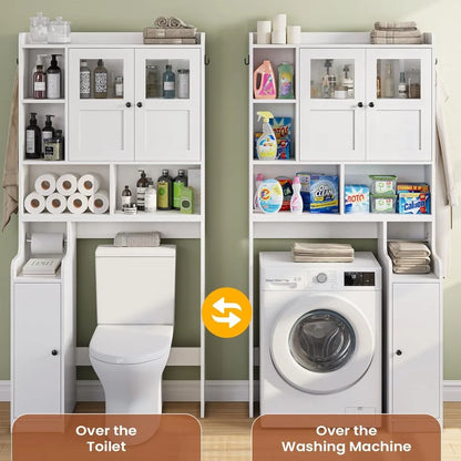 Over the Toilet Storage Cabinet with Glass Doors, Adjustable Shelves, and Toilet Paper Holder