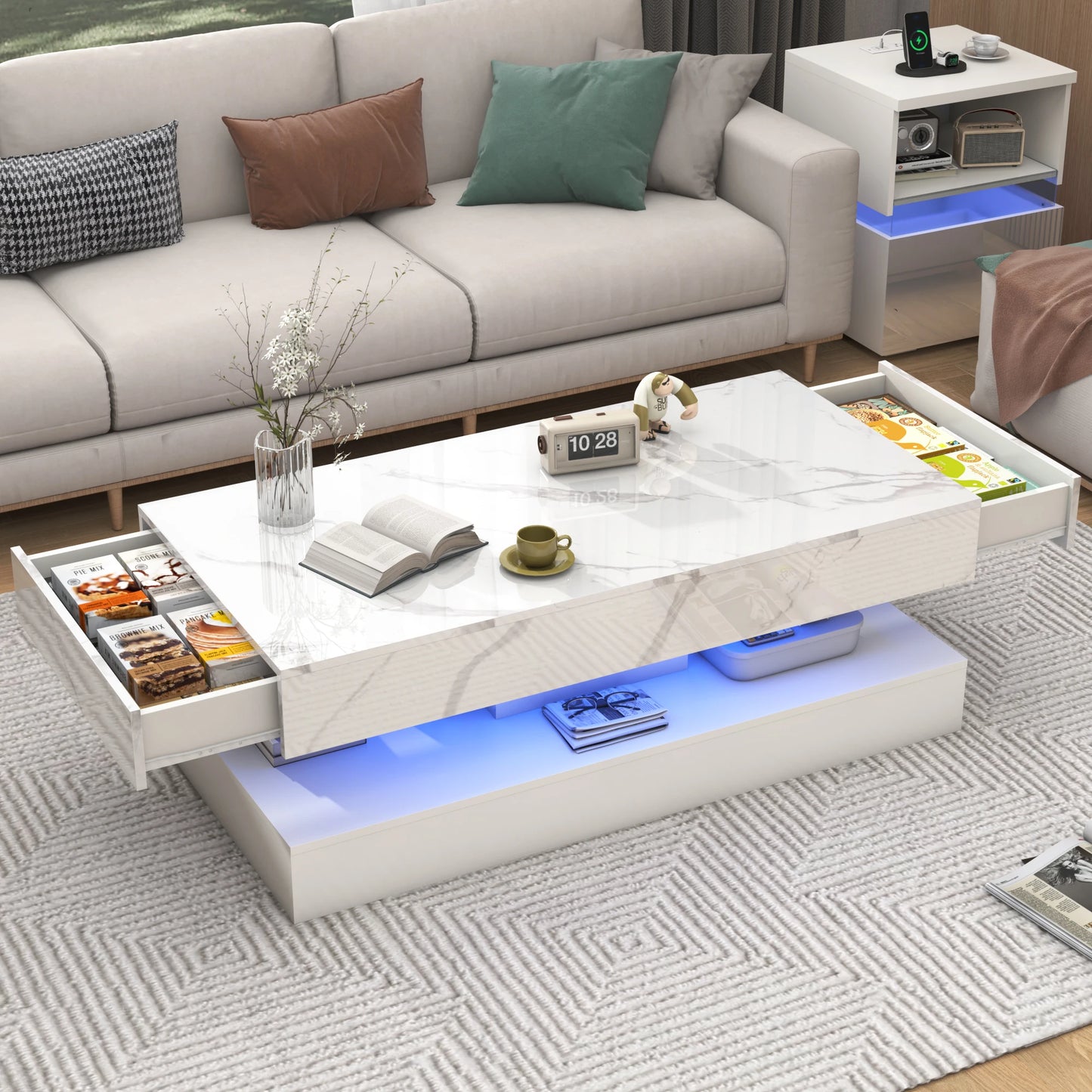 Modern Style Coffee Table with LED lights and slide out Storage Drawers for your Living Room