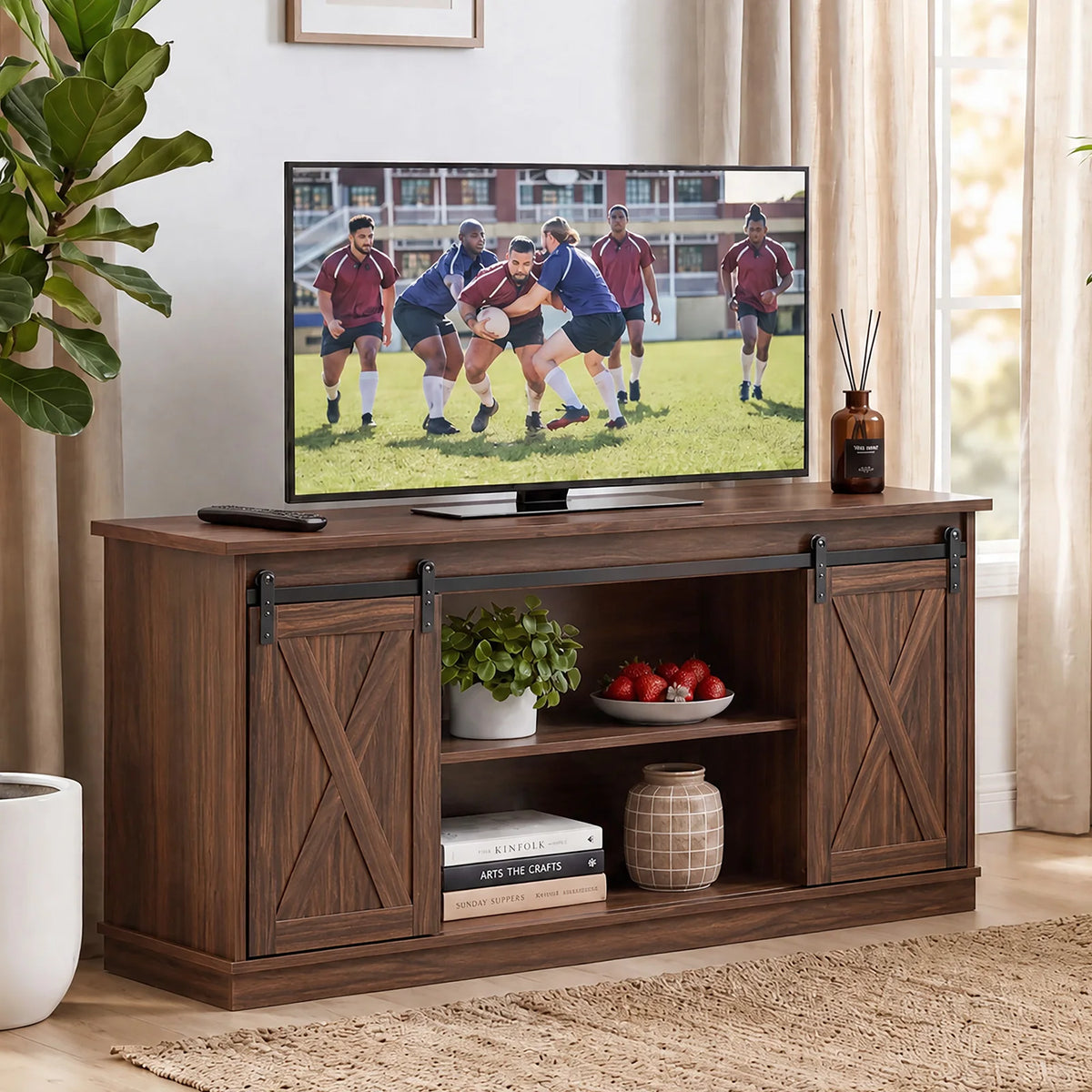 Wood TV Stand with Sliding Cabinet Doors