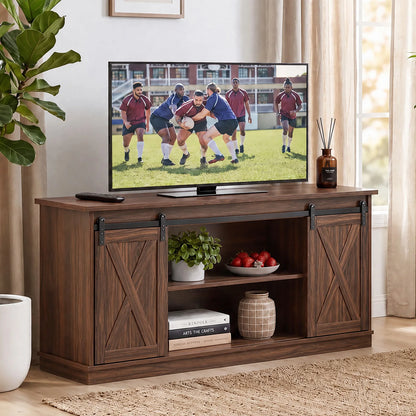 Wood TV Stand with Sliding Cabinet Doors