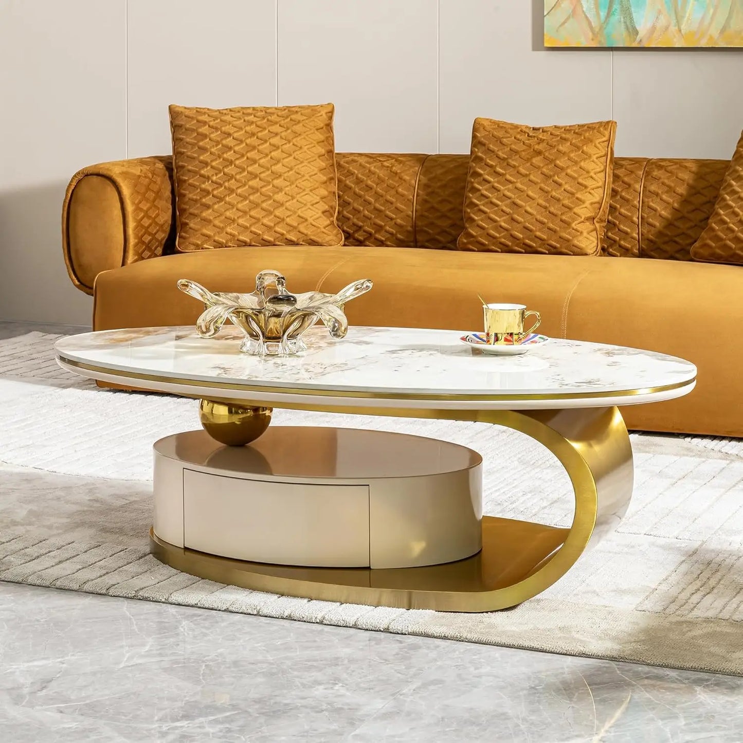Modern Stainless Steel Pedestal Coffee Table with faux Marble Top