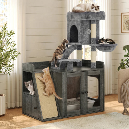 All in One Cat Tree and Litter Box Enclosure with LED Lighting