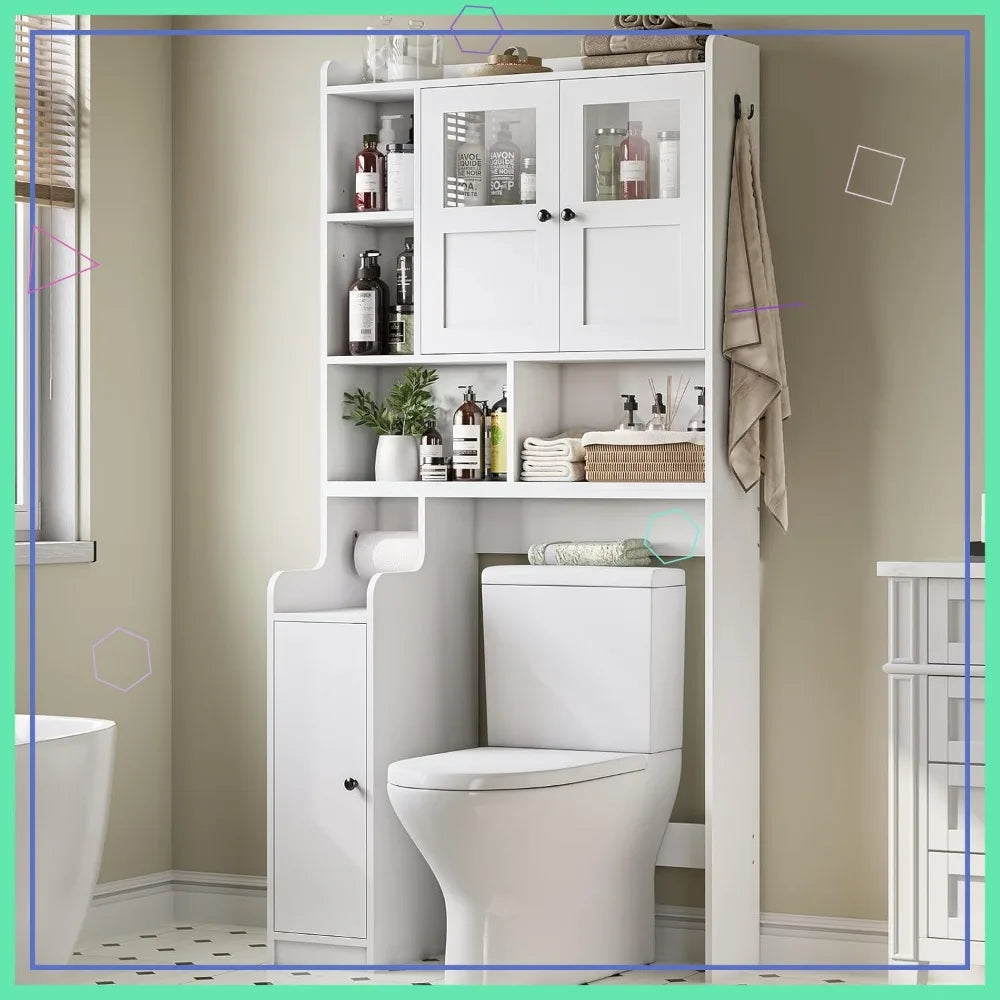 Over the Toilet Storage Cabinet with Glass Doors, Adjustable Shelves, and Toilet Paper Holder