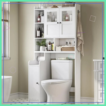 Over the Toilet Storage Cabinet with Glass Doors, Adjustable Shelves, and Toilet Paper Holder