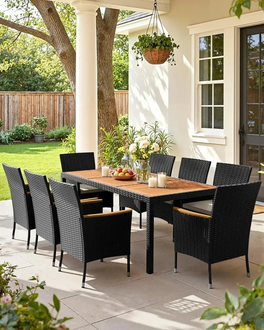 9 Piece Acacia Wood and Wicker Dining Patio Set with Chairs