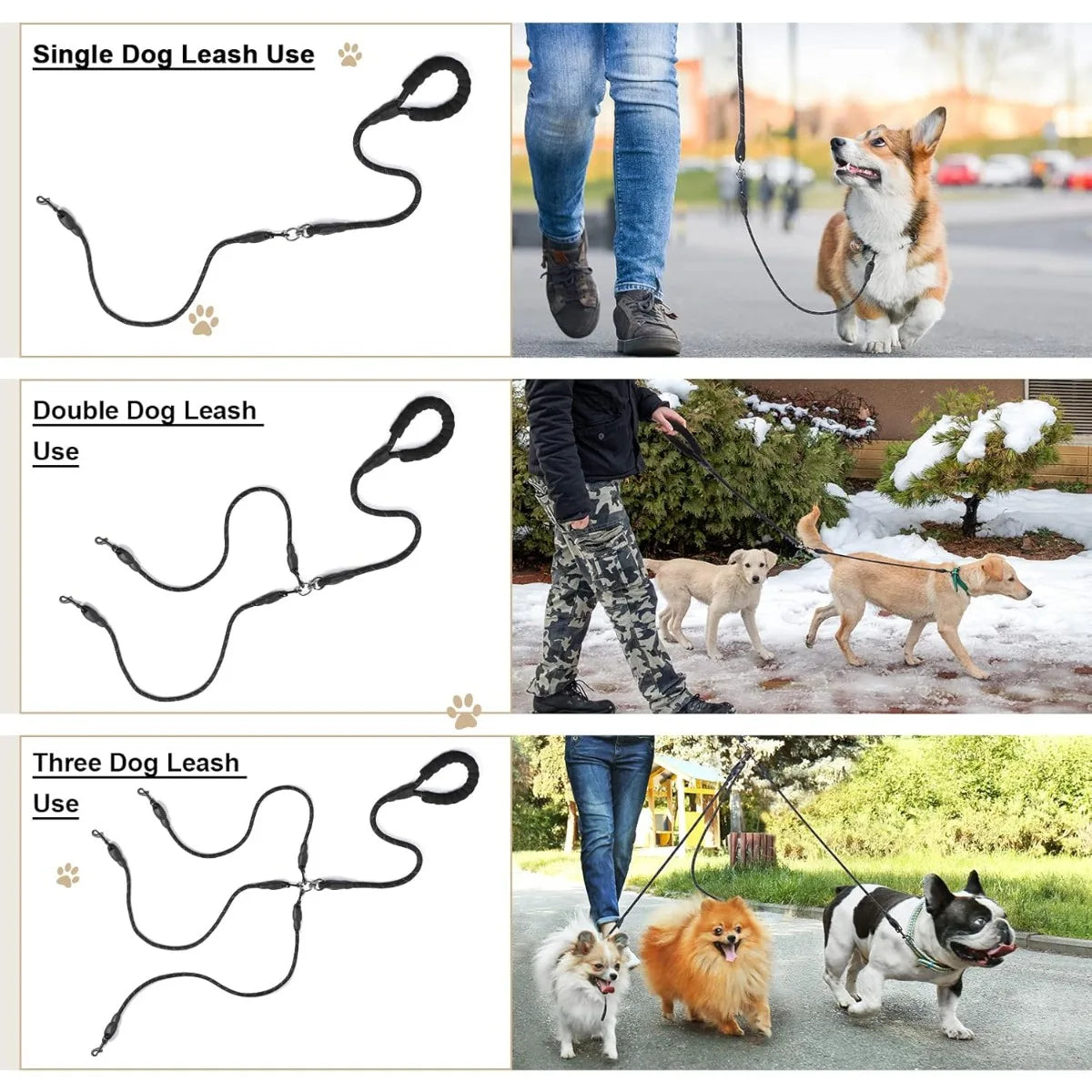 Detachable 3-in-1 Triple Dog Leash with Padded Handle