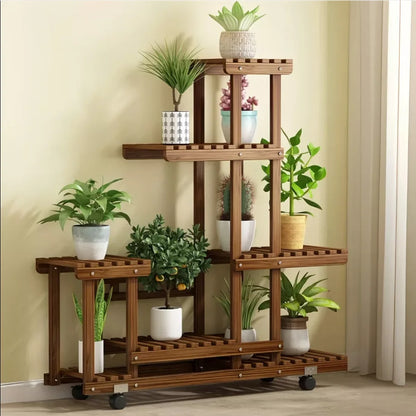 Multi-Layer Rolling Wood Plant Stand Rack