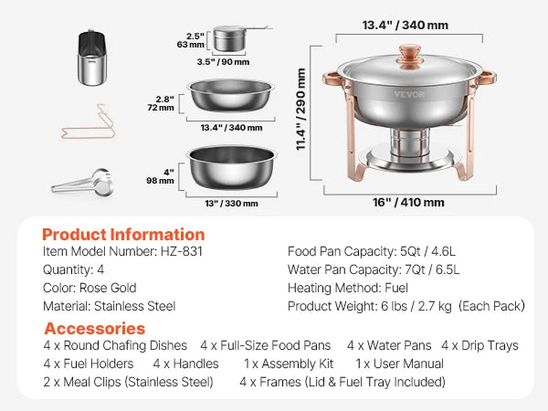 Stainless Steel Chafing Dish Set with 4 Full Size Round Pans Capacity of 5 Qt