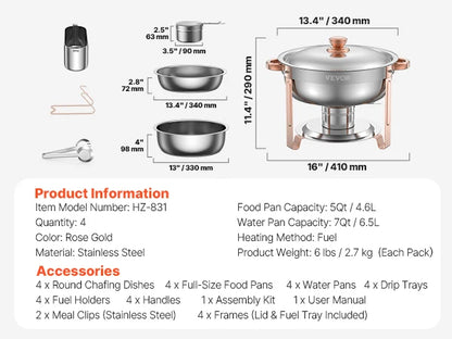 Stainless Steel Chafing Dish Set with 4 Full Size Round Pans Capacity of 5 Qt