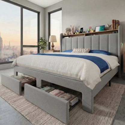 Velvet Full/Queen/King Bed Frame with 2 Storage Drawers,2-Tier Shelves with adjustable LED Light, and Charging Station