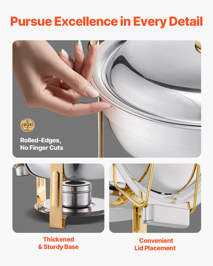 Stainless Steel Chafing Dish Set with 4 Full Size Round Pans Capacity of 5 Qt