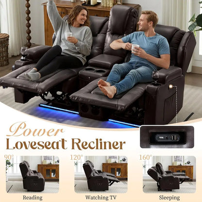 Wall Hugger Power Reclining PU Leather Loveseat Sofa with Cup Holders, LED Light, and USB Ports