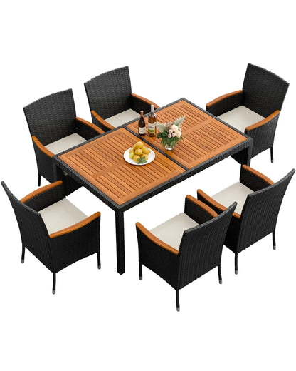9 Piece Acacia Wood and Wicker Dining Patio Set with Chairs