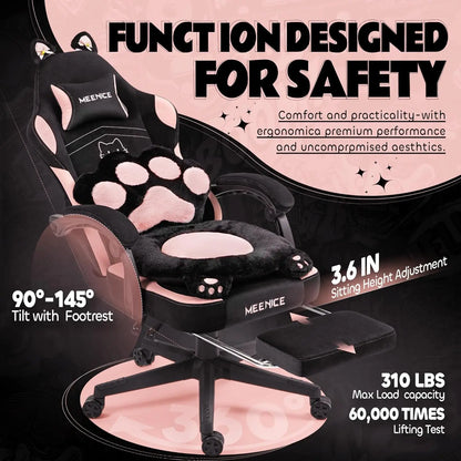 Cute Gaming Chair with Cat Ears & Paw Lumbar Cushion and Foot Rest