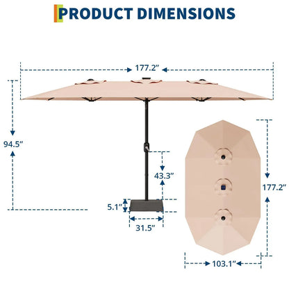 15Ft Outdoor Patio Umbrella with Solar LED Lights, Crank Handle, and Base