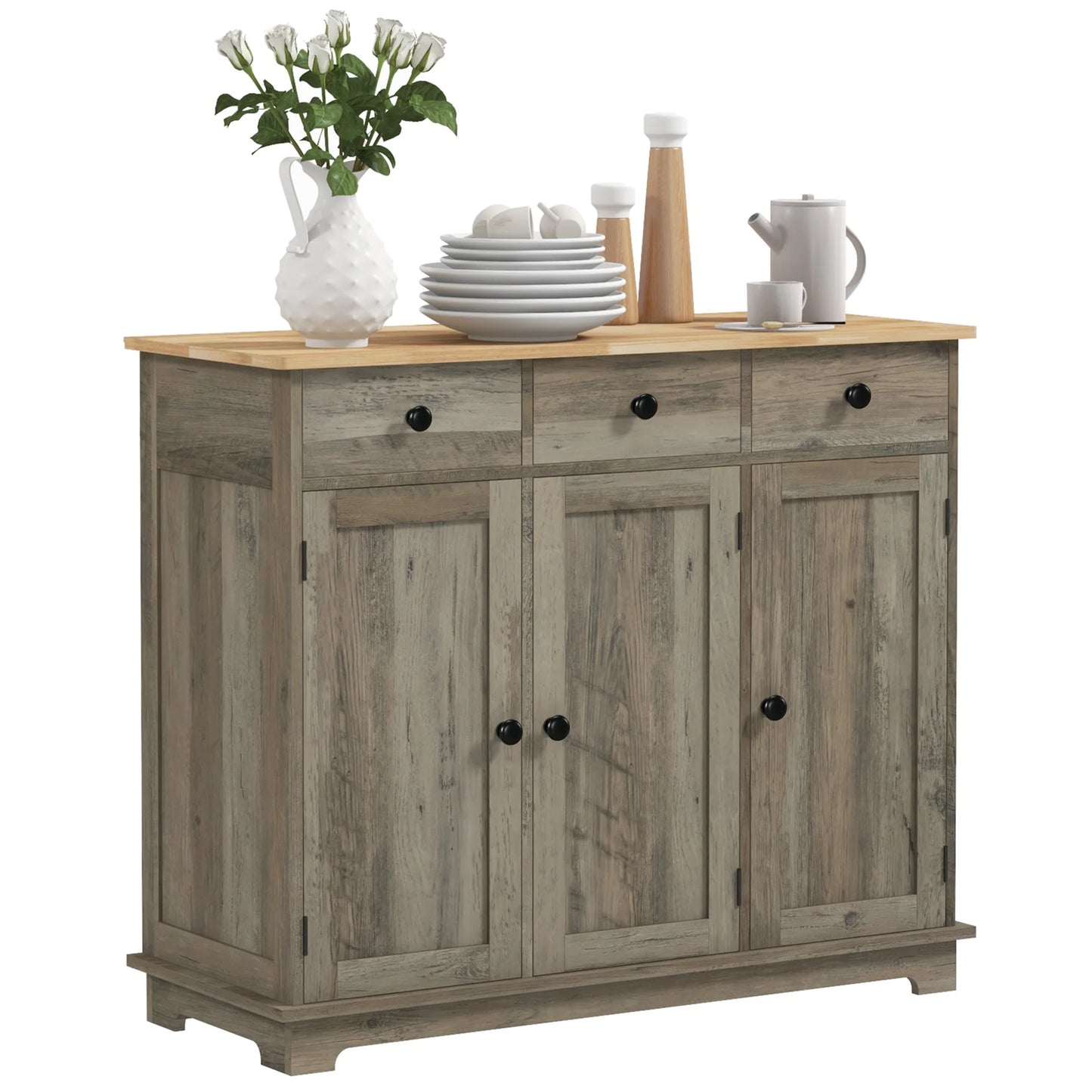 Modern Buffet Cabinet with Solid Wood Countertop, 3 Drawers and an Adjustable Shelf
