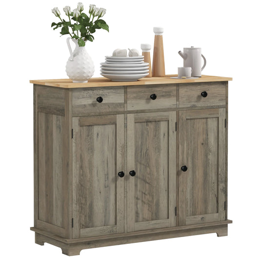 Modern Buffet Cabinet with Solid Wood Countertop, 3 Drawers and an Adjustable Shelf