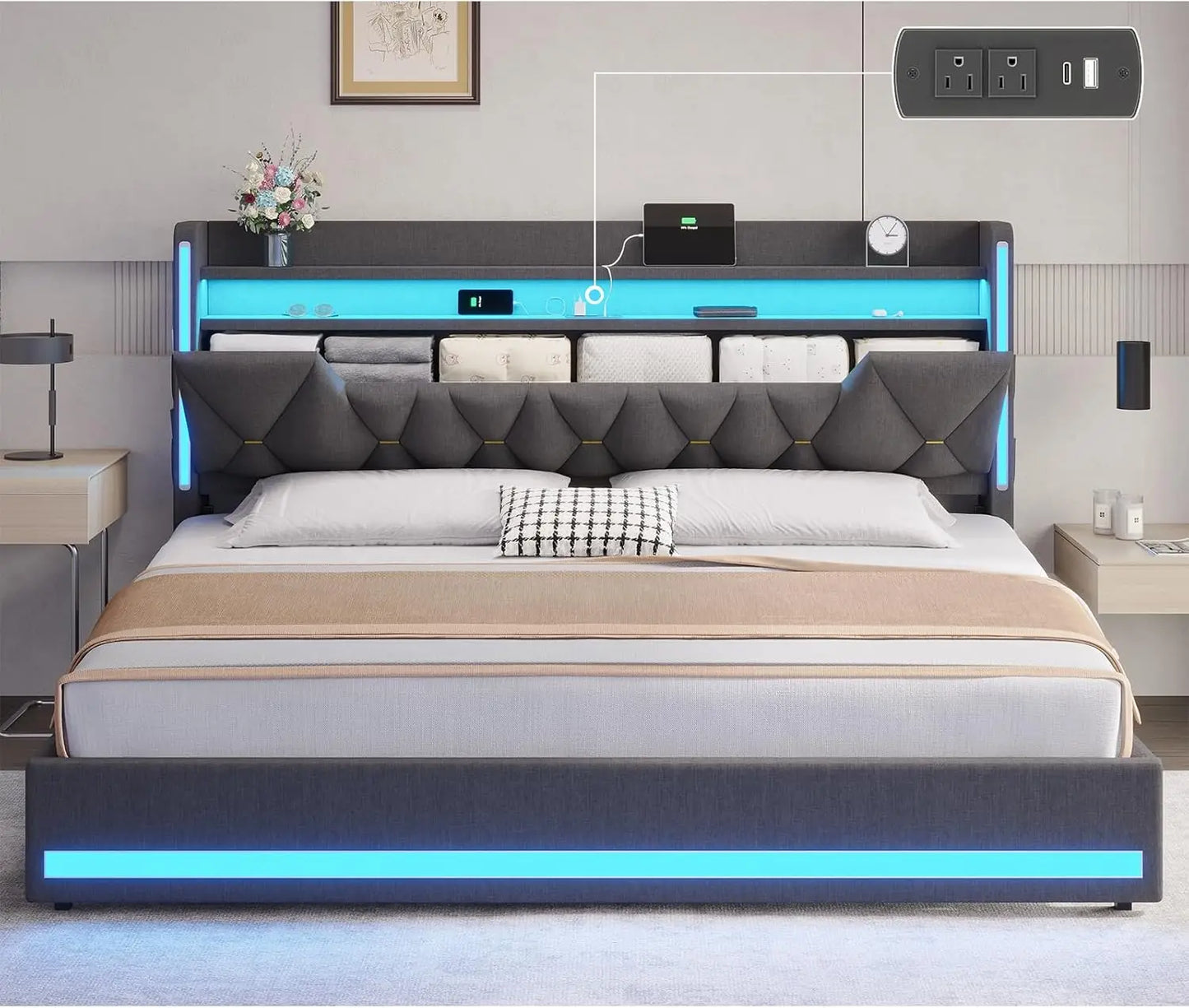 Upholstered King LED Bed Frame with Storage and Charging Station