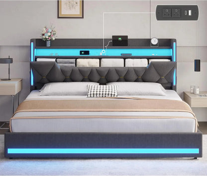 Upholstered King LED Bed Frame with Storage and Charging Station