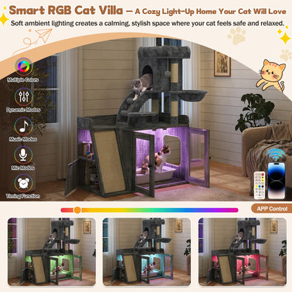 All in One Cat Tree and Litter Box Enclosure with LED Lighting