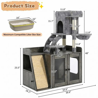 All in One Cat Tree and Litter Box Enclosure with LED Lighting