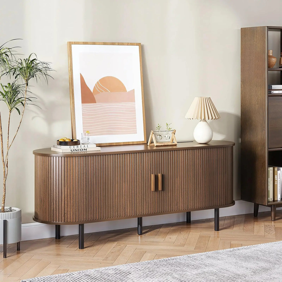 Living Room TV Stand with Power Outlet and Adjustable Shelves