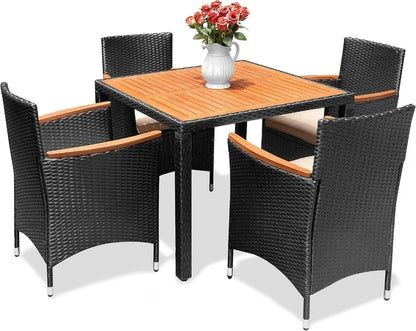 9 Piece Acacia Wood and Wicker Dining Patio Set with Chairs