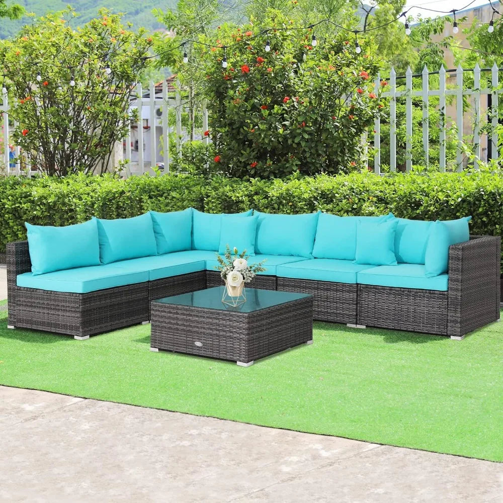 All-Weather Outdoor 7 Piece Rattan Sectional Sofa Set with Cushions and Tempered Glass Coffee Table