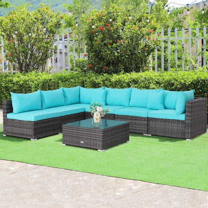 All-Weather Outdoor 7 Piece Rattan Sectional Sofa Set with Cushions and Tempered Glass Coffee Table