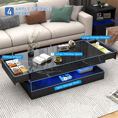 Modern Style Coffee Table with LED lights and slide out Storage Drawers for your Living Room