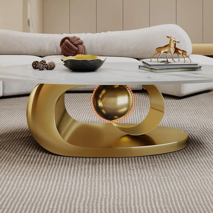 Modern Stainless Steel Pedestal Coffee Table with faux Marble Top