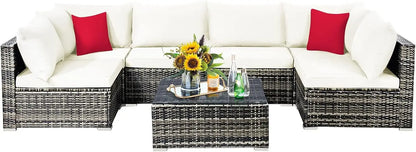 All-Weather Outdoor 7 Piece Rattan Sectional Sofa Set with Cushions and Tempered Glass Coffee Table