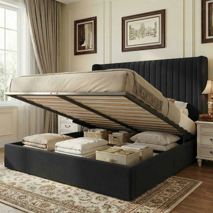 Upholstered Velvet Platform Full, Queen, or King Bed Frame with Hydraulic Driven Lift Up Storage