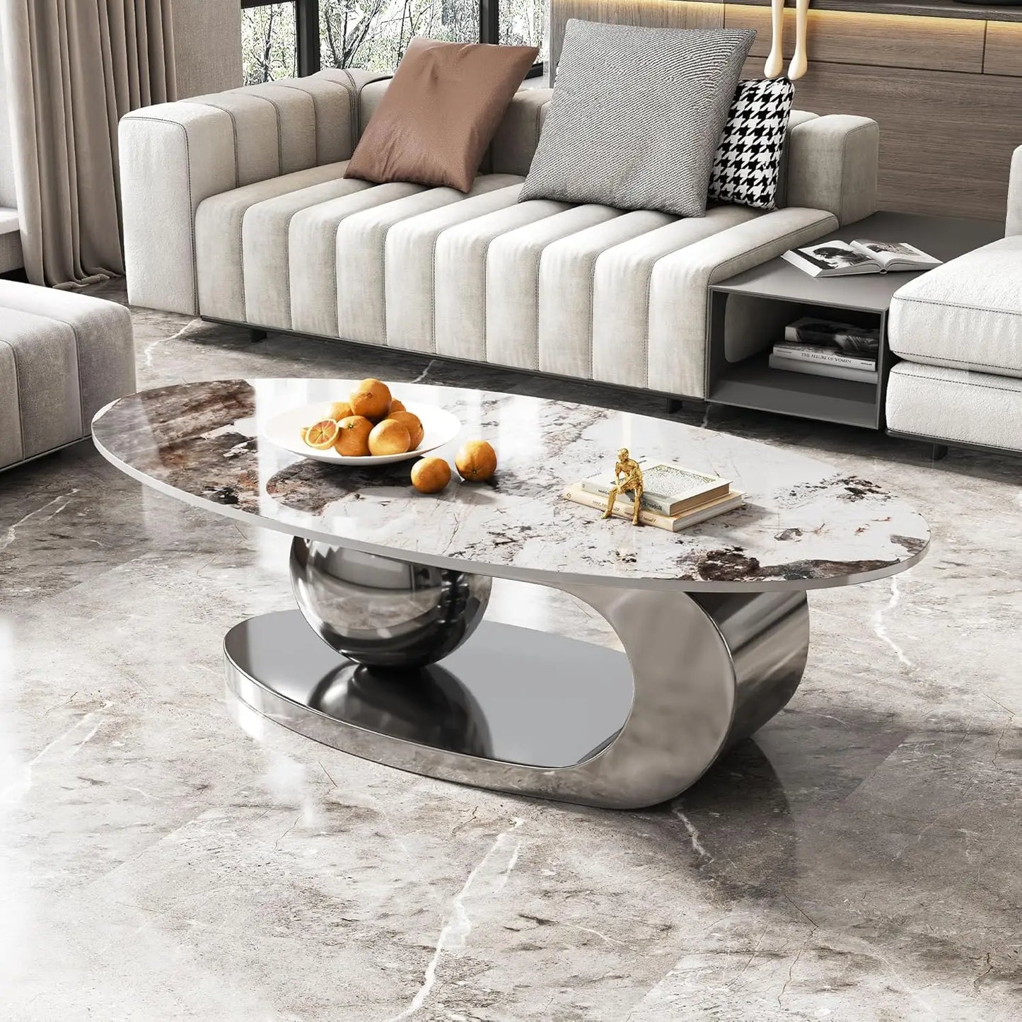 Modern Stainless Steel Pedestal Coffee Table with faux Marble Top