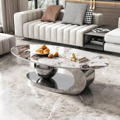 Modern Stainless Steel Pedestal Coffee Table with faux Marble Top