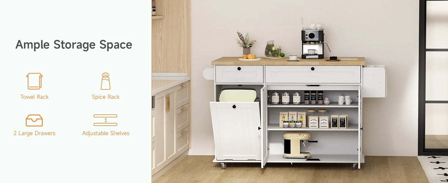 60" Rolling Kitchen Island with Drop Leaf, Power Outlet, and Trash Enclosure
