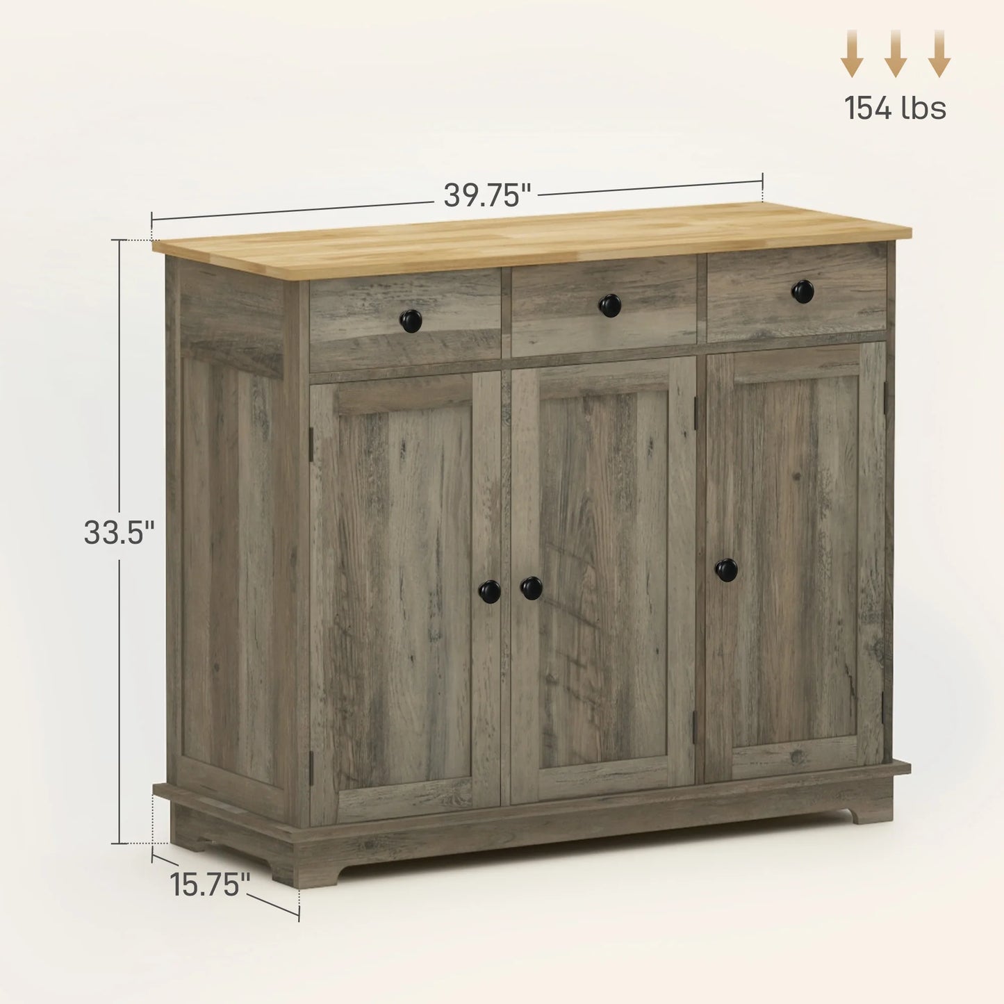 Modern Buffet Cabinet with Solid Wood Countertop, 3 Drawers and an Adjustable Shelf
