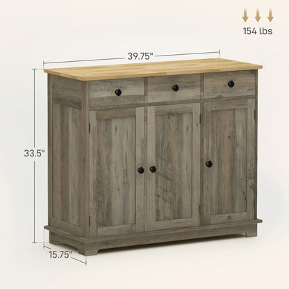 Modern Buffet Cabinet with Solid Wood Countertop, 3 Drawers and an Adjustable Shelf