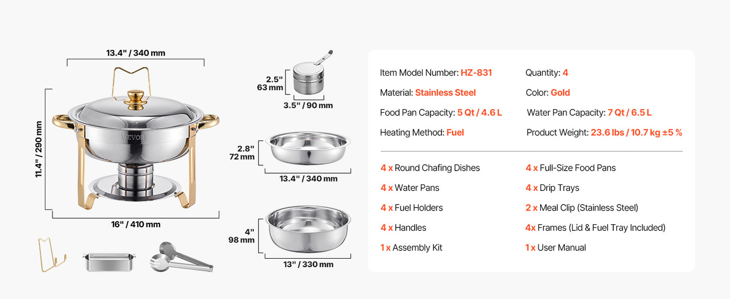 Stainless Steel Chafing Dish Set with 4 Full Size Round Pans Capacity of 5 Qt
