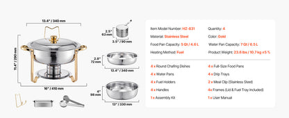 Stainless Steel Chafing Dish Set with 4 Full Size Round Pans Capacity of 5 Qt