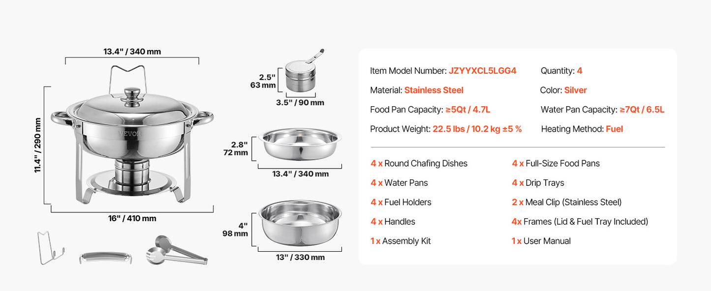 Stainless Steel Chafing Dish Set with 4 Full Size Round Pans Capacity of 5 Qt