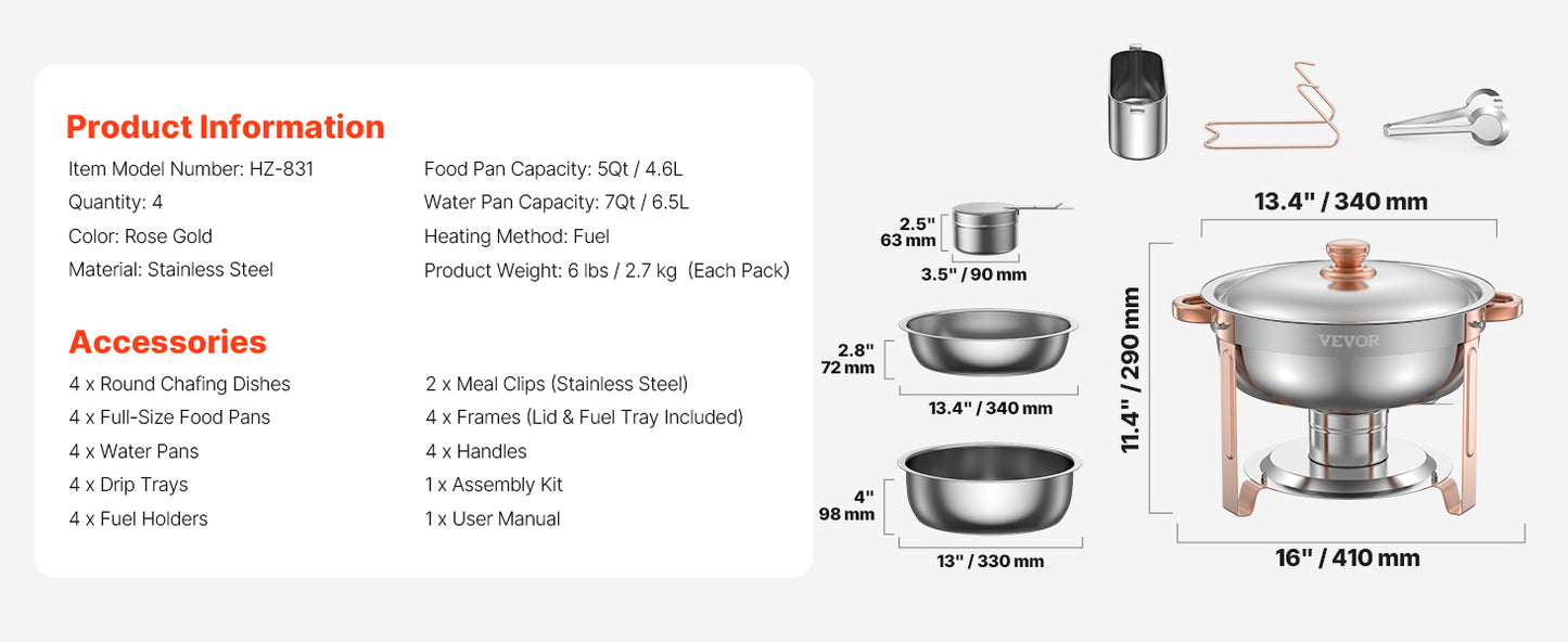 Stainless Steel Chafing Dish Set with 4 Full Size Round Pans Capacity of 5 Qt