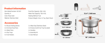 Stainless Steel Chafing Dish Set with 4 Full Size Round Pans Capacity of 5 Qt