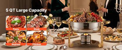 Stainless Steel Chafing Dish Set with 4 Full Size Round Pans Capacity of 5 Qt