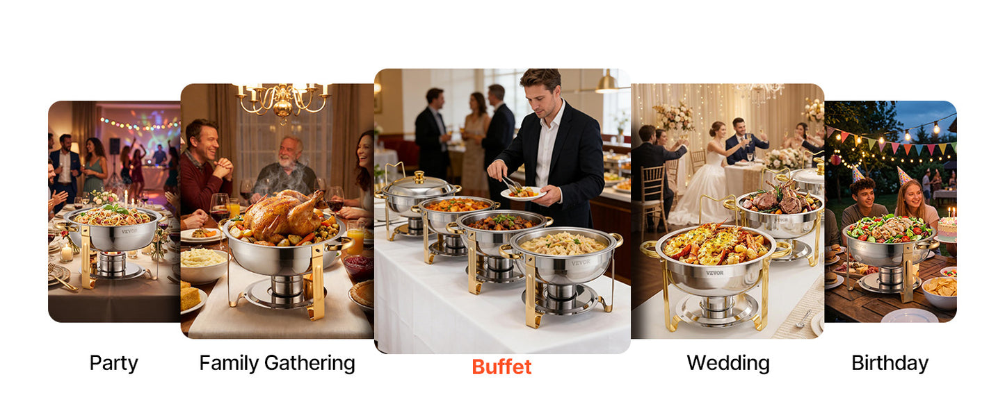 Stainless Steel Chafing Dish Set with 4 Full Size Round Pans Capacity of 5 Qt