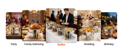Stainless Steel Chafing Dish Set with 4 Full Size Round Pans Capacity of 5 Qt