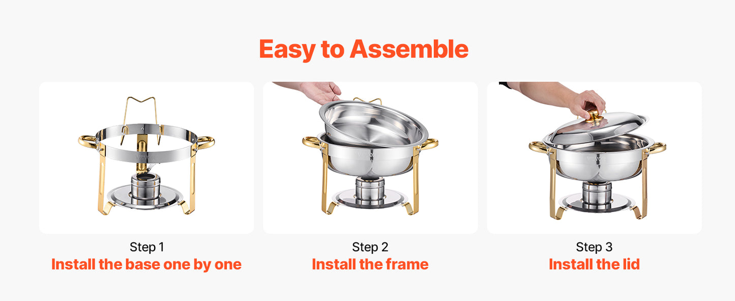 Stainless Steel Chafing Dish Set with 4 Full Size Round Pans Capacity of 5 Qt