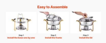 Stainless Steel Chafing Dish Set with 4 Full Size Round Pans Capacity of 5 Qt